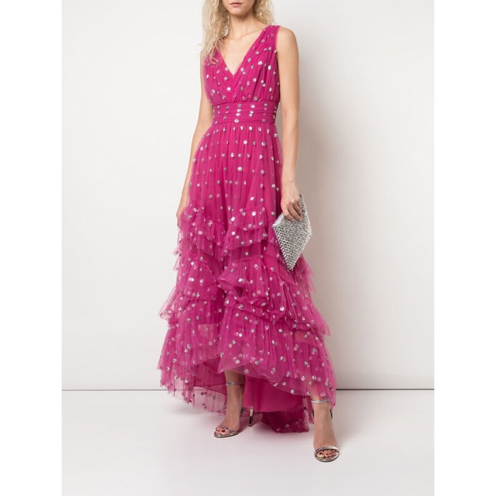 Marchesa Notte sequin dot tulle ruffle dress